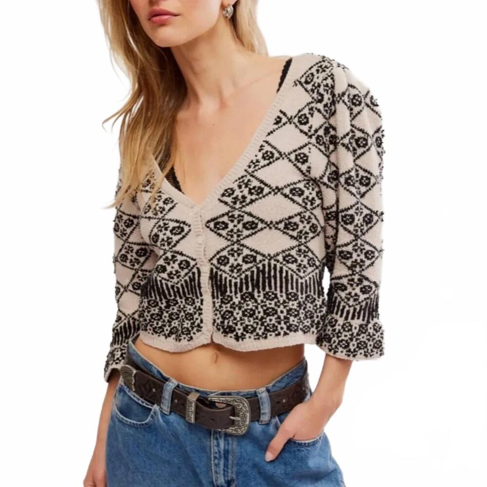 NEW FREE PEOPLE geo floral printed crop cardigan in black crystal combo